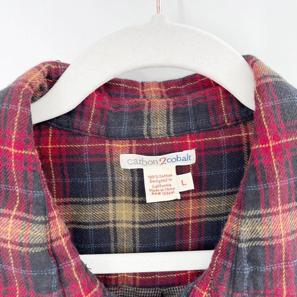 Carbon2Cobalt Plaid Button Up Flannel Shirt Size L‎ Long Sleeve Curved Hem